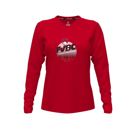 [FTLVCFRD-FYXS-LOGO1] Decker Comfort T-Shirt (Female Youth XS, Red, V Neck, Logo 1, Long Sleeve)
